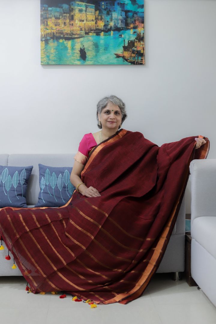 Deep Maroon/Red Organic Linen | Thin Copper Jori Border