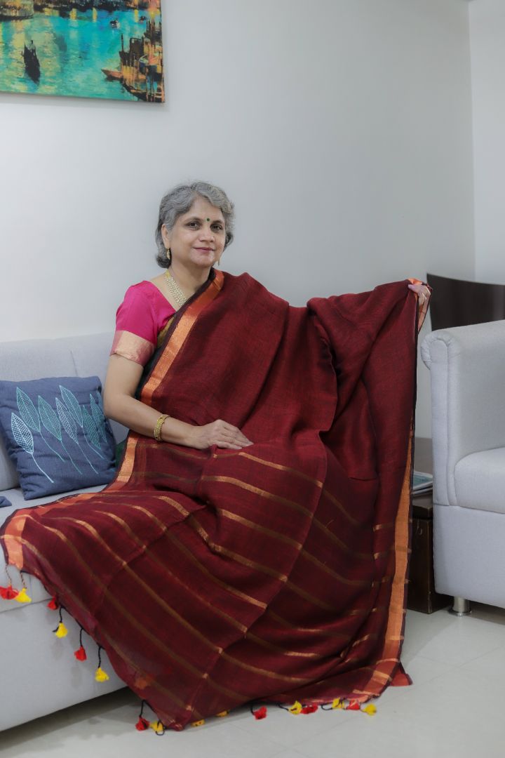 Deep Maroon/Red Organic Linen | Thin Copper Jori Border