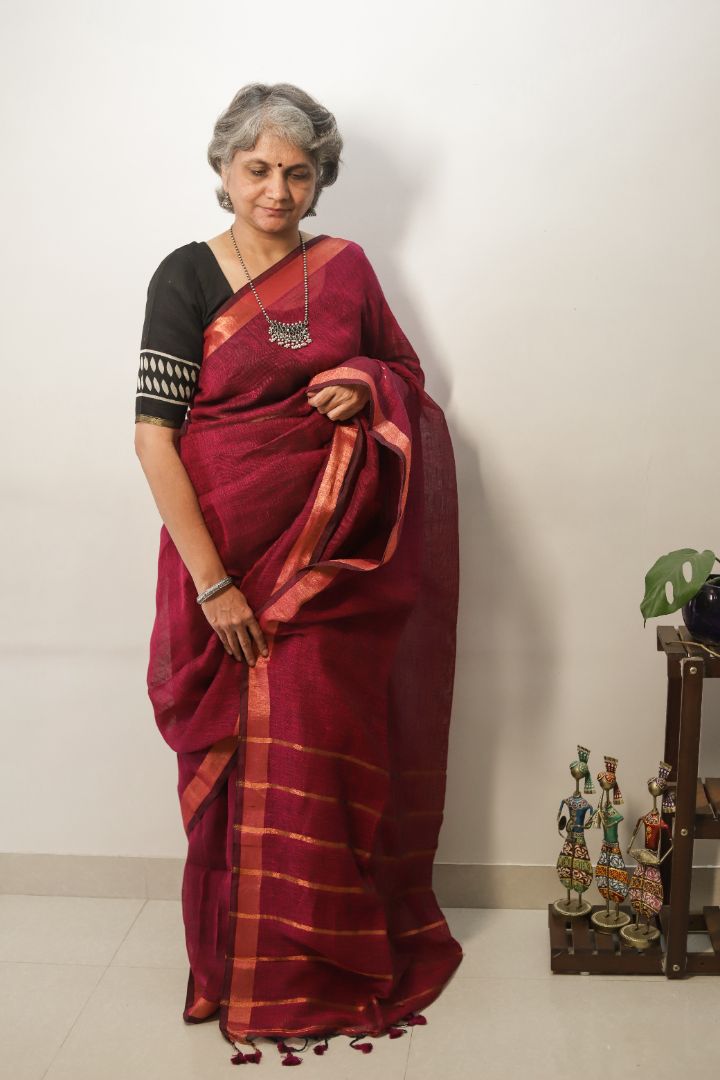 Deep Maroon/Red Organic Linen | Thin Copper Jori Border