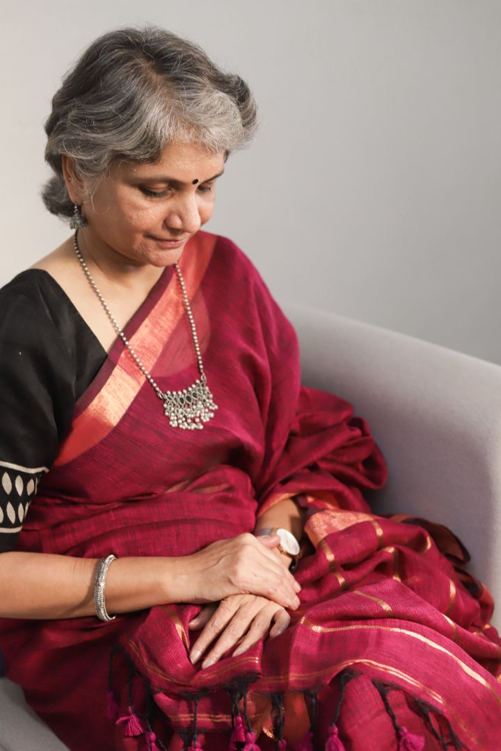 Deep Maroon/Red Organic Linen | Thin Copper Jori Border