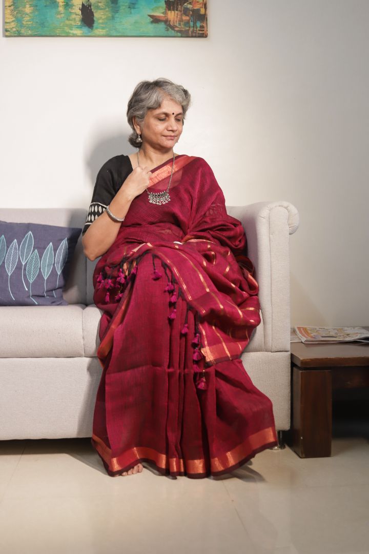Deep Maroon/Red Organic Linen | Thin Copper Jori Border