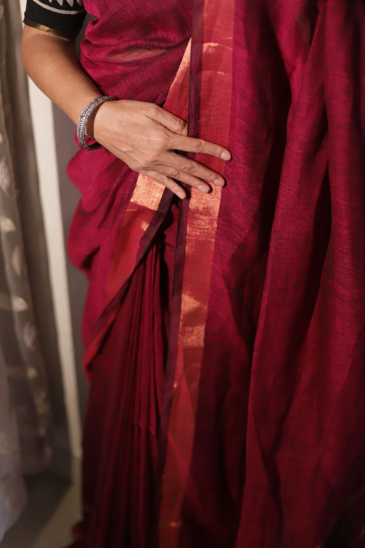 Deep Maroon/Red Organic Linen | Thin Copper Jori Border