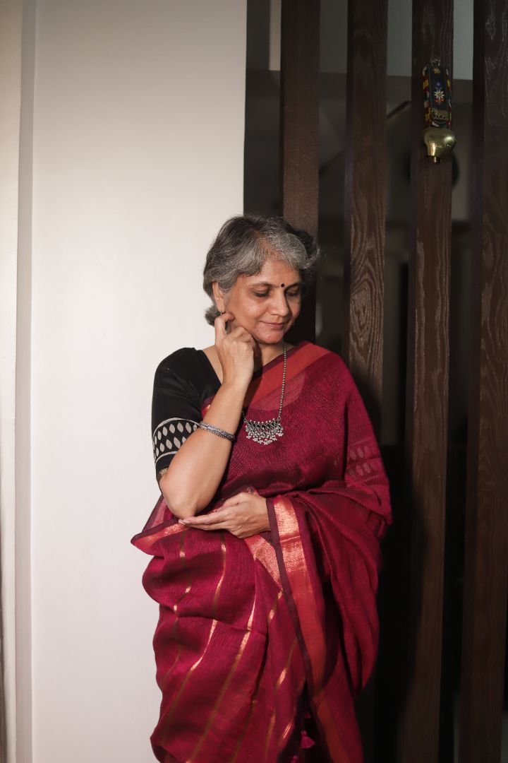 Deep Maroon/Red Organic Linen | Thin Copper Jori Border