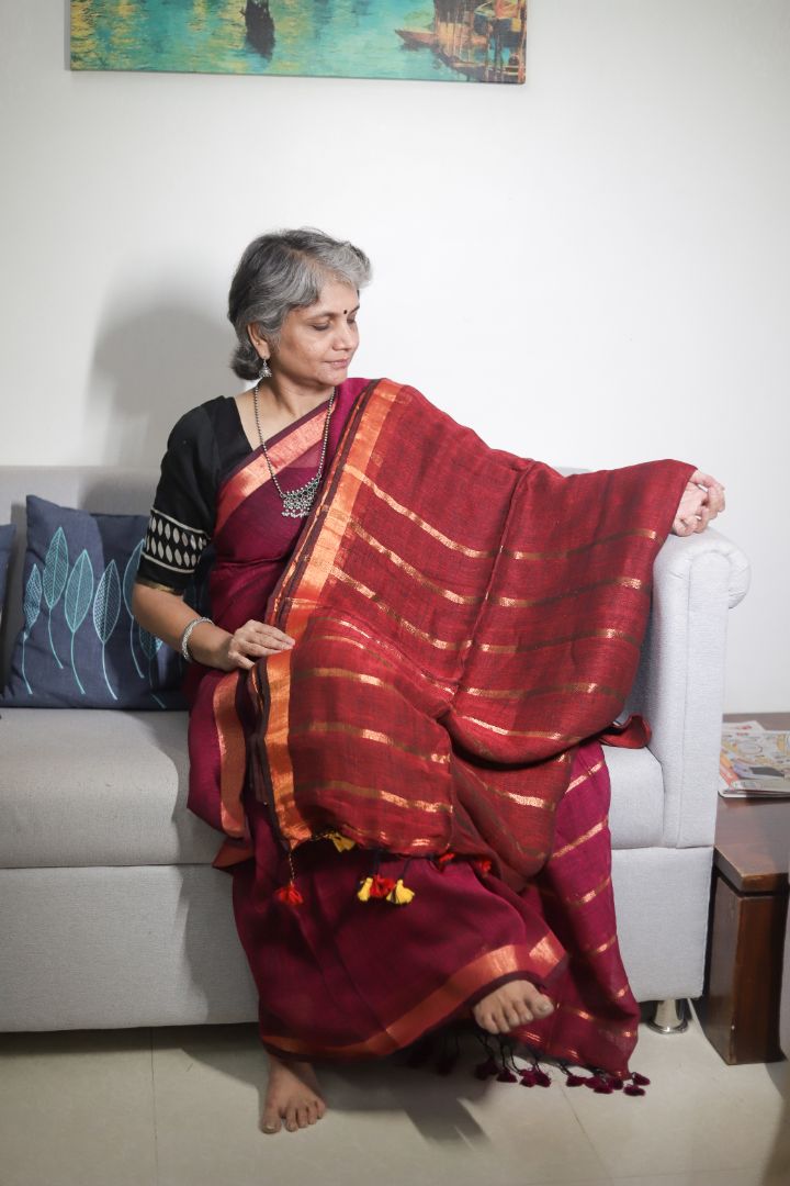 Deep Maroon/Red Organic Linen | Thin Copper Jori Border