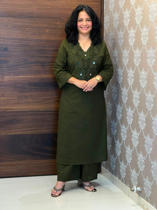 Dark Olive Green Pure Cotton Dupatta Set