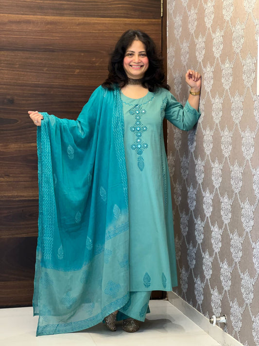 Aqua Blue Colour Block Printed Pure Cotton Dupatta Set