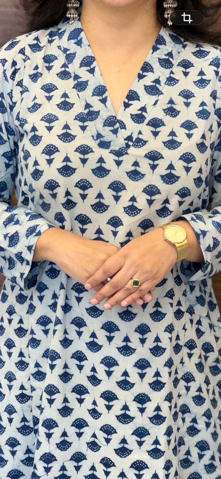 Indigo Color Dabu Hand Block Print Pure Cotton A Line Kurti With Palazzo