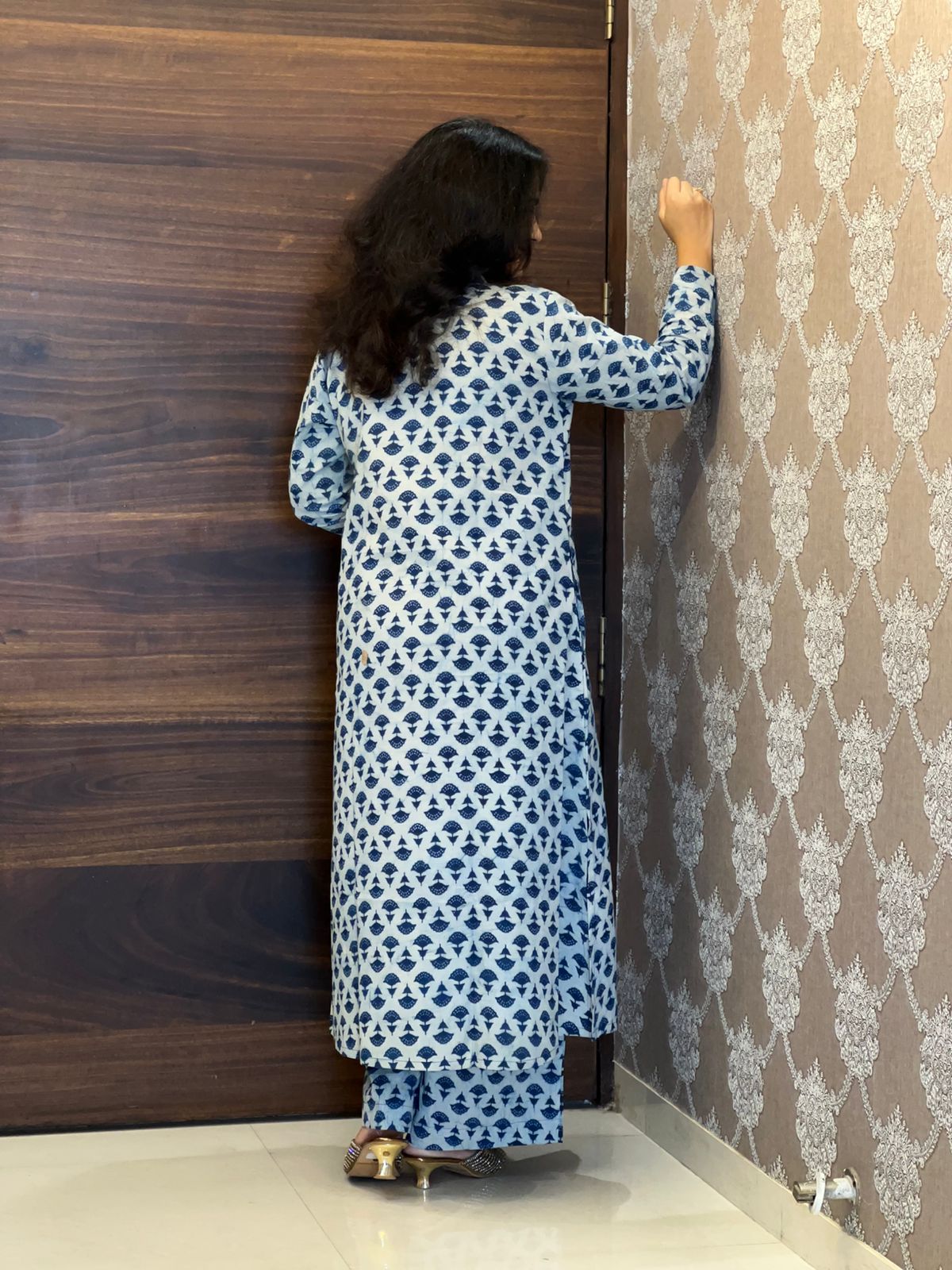 Indigo Color Dabu Hand Block Print Pure Cotton A Line Kurti With Palazzo