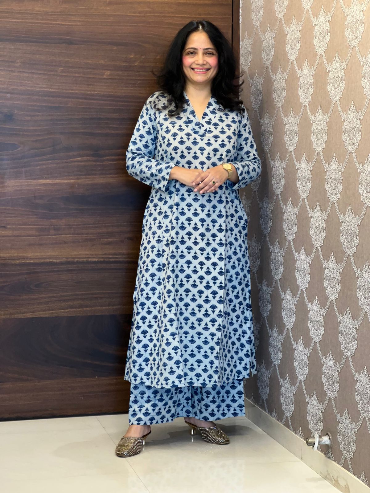 Indigo Color Dabu Hand Block Print Pure Cotton A Line Kurti With Palazzo