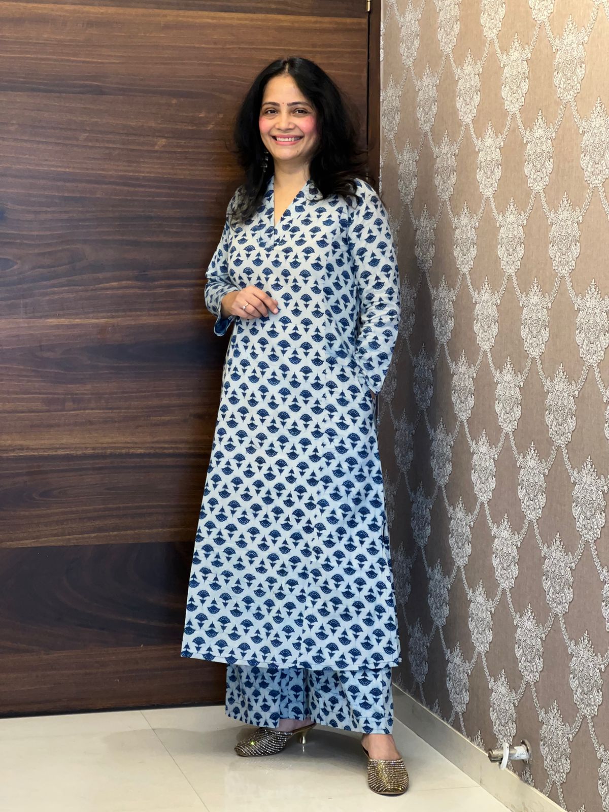 Indigo Color Dabu Hand Block Print Pure Cotton A Line Kurti With Palazzo