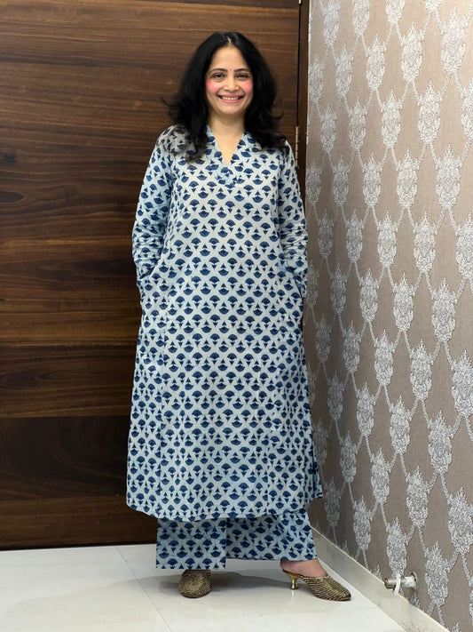 Indigo Color Dabu Hand Block Print Pure Cotton A Line Kurti With Palazzo