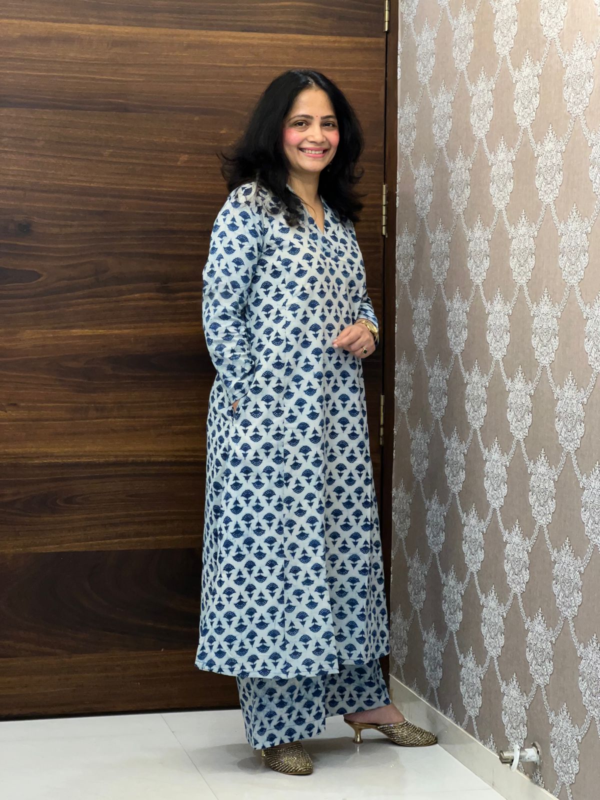 Indigo Color Dabu Hand Block Print Pure Cotton A Line Kurti With Palazzo
