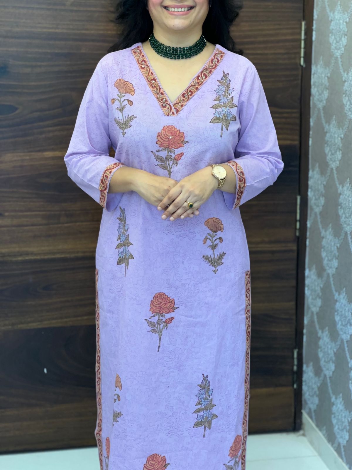 Lavender Color Block-Printed Pure Cotton Dupatta Set