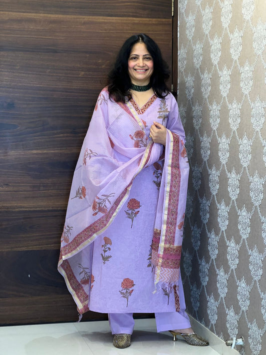 Lavender Color Block-Printed Pure Cotton Dupatta Set