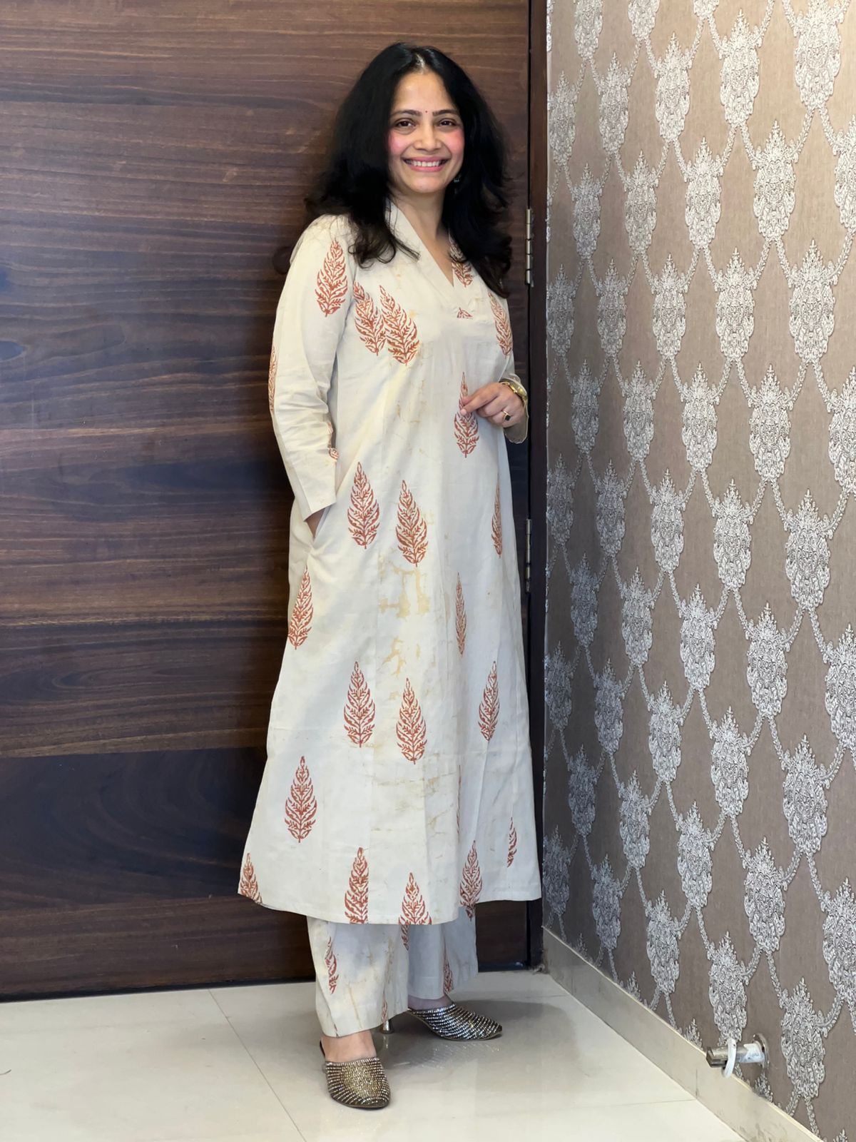 Cream Color Dabu Hand Block Print Pure Cotton A Line Kurti With Palazzo