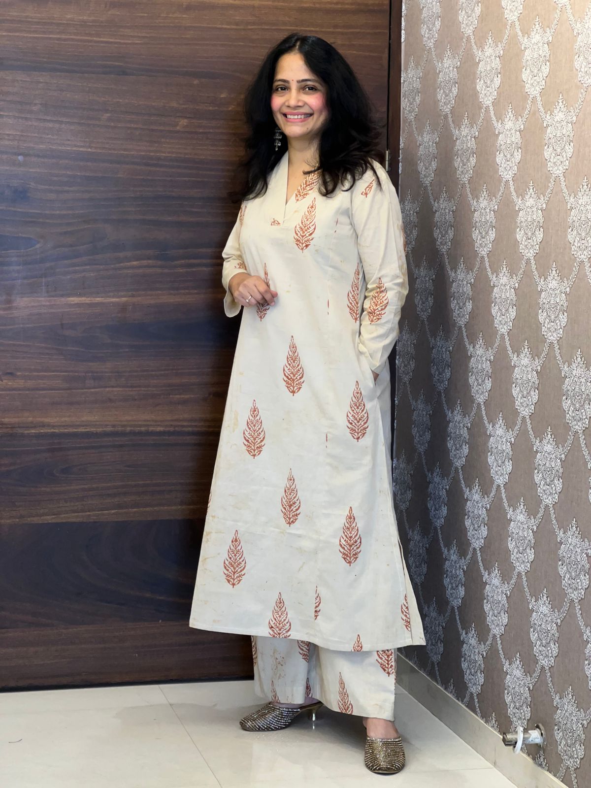 Cream Color Dabu Hand Block Print Pure Cotton A Line Kurti With Palazzo