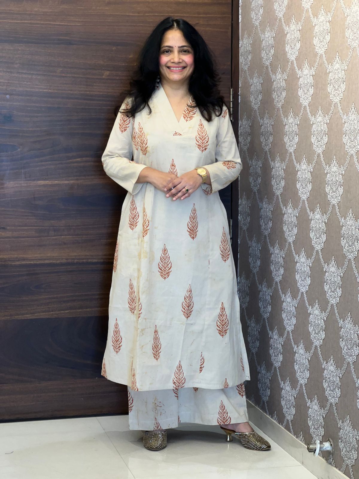 Cream Color Dabu Hand Block Print Pure Cotton A Line Kurti With Palazzo