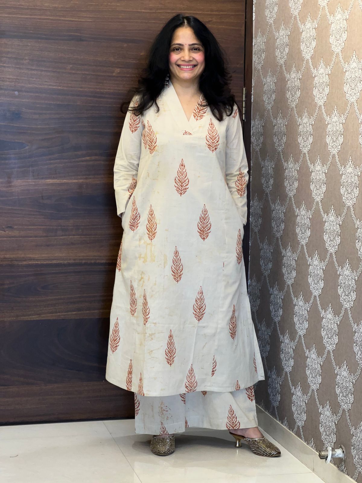 Cream Color Dabu Hand Block Print Pure Cotton A Line Kurti With Palazzo