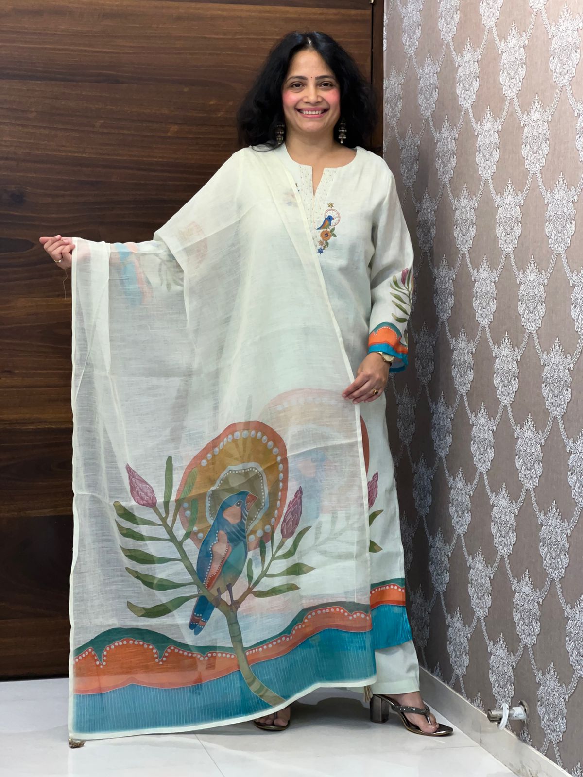 Mint Green Color Linen Dupatta Set