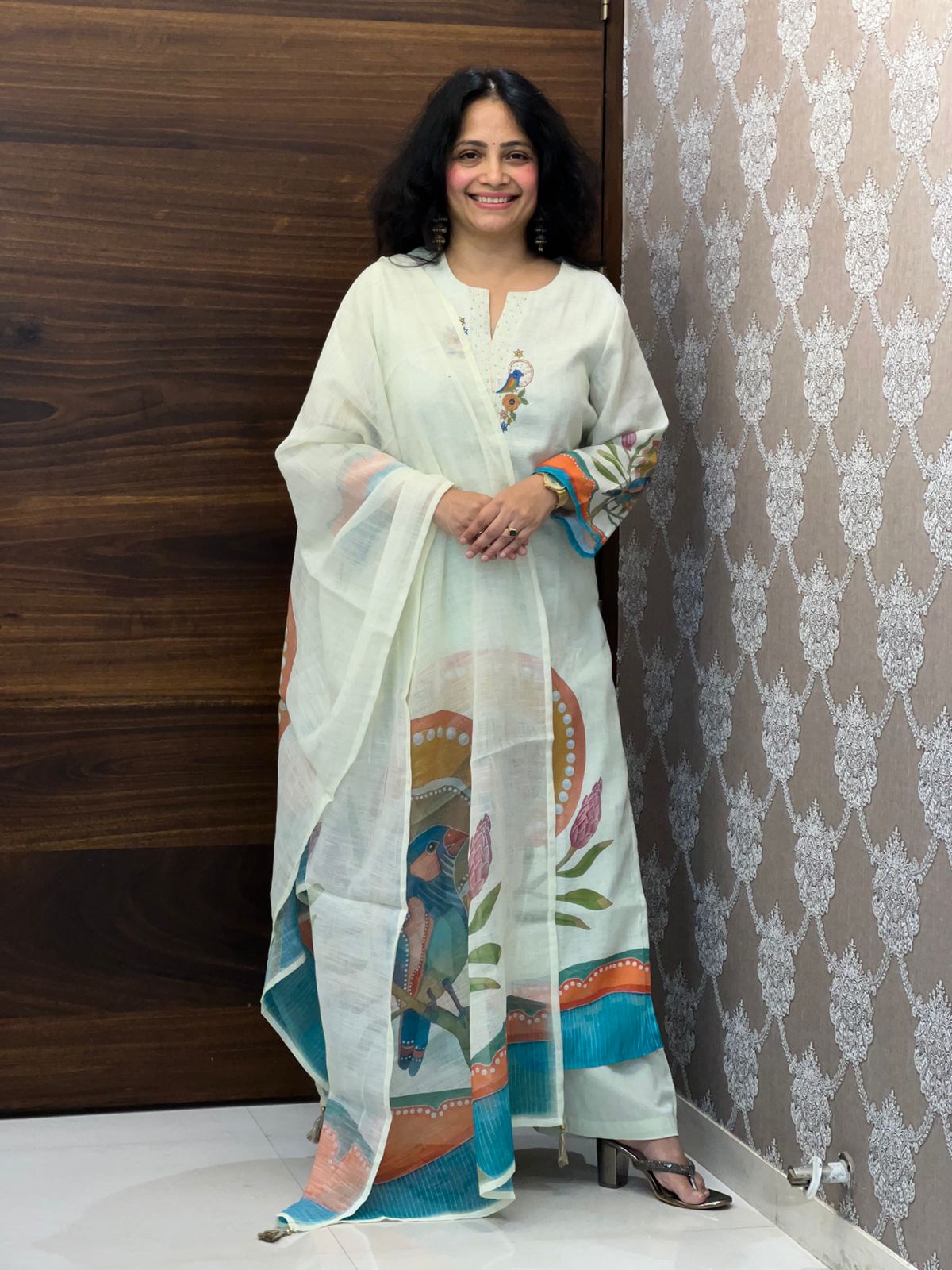 Mint Green Color Linen Dupatta Set
