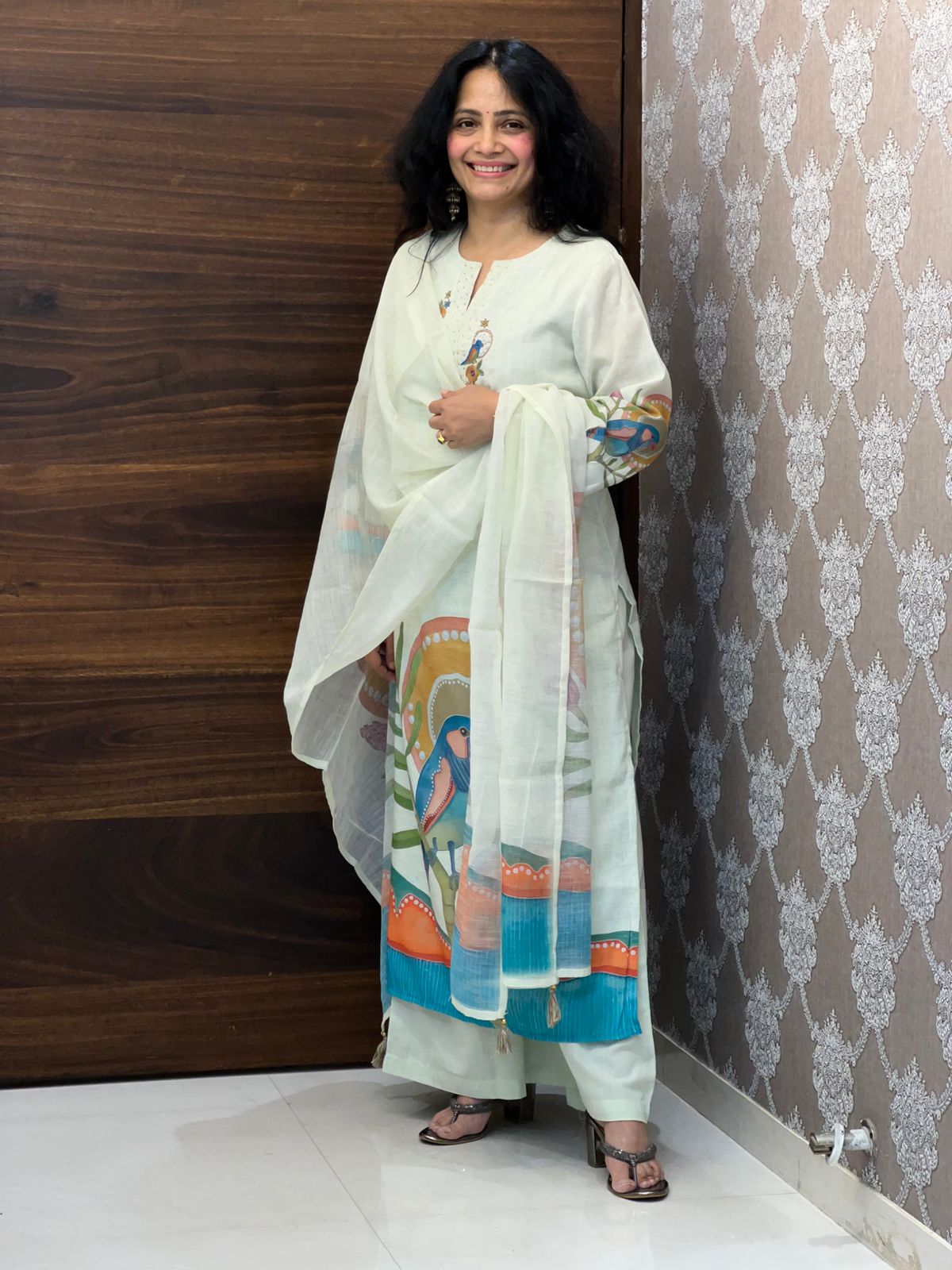 Mint Green Color Linen Dupatta Set