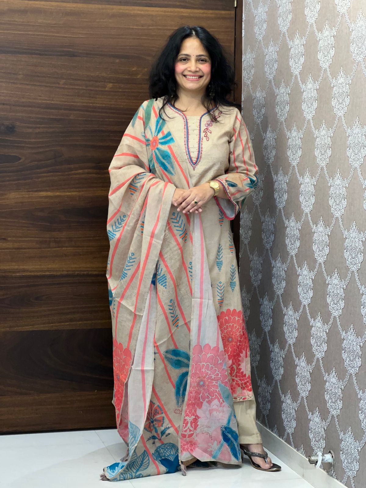 Beige Color Linen Dupatta Set