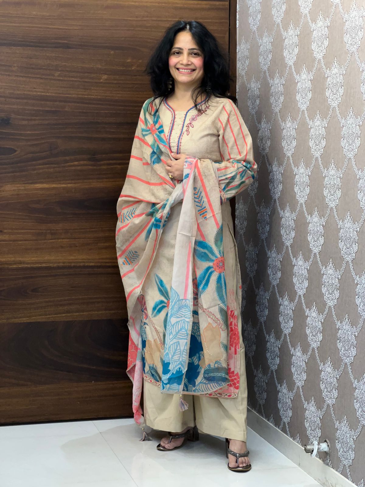Beige Color Linen Dupatta Set