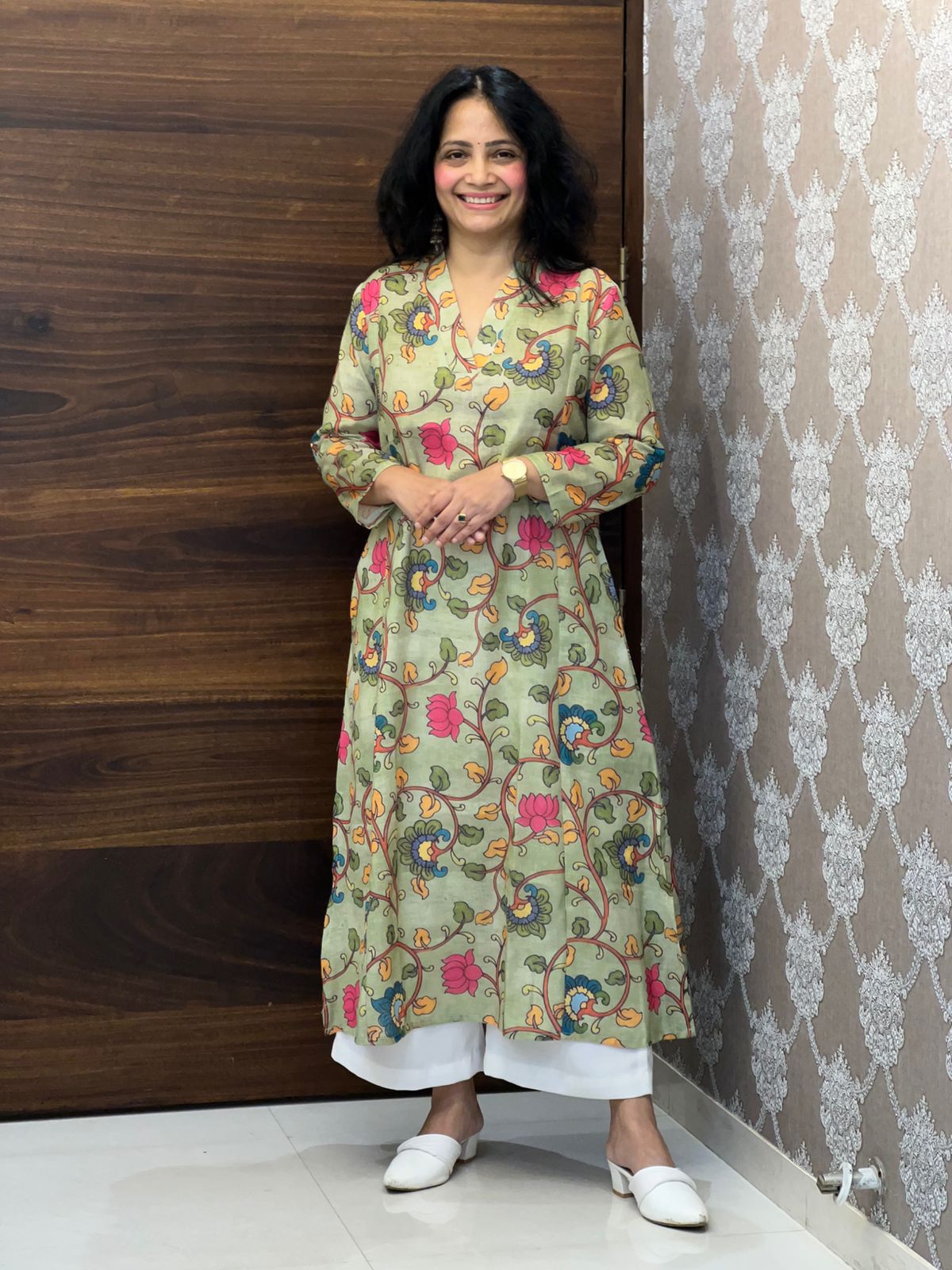 Soft Sage Green Color Linen A-Line Kurti