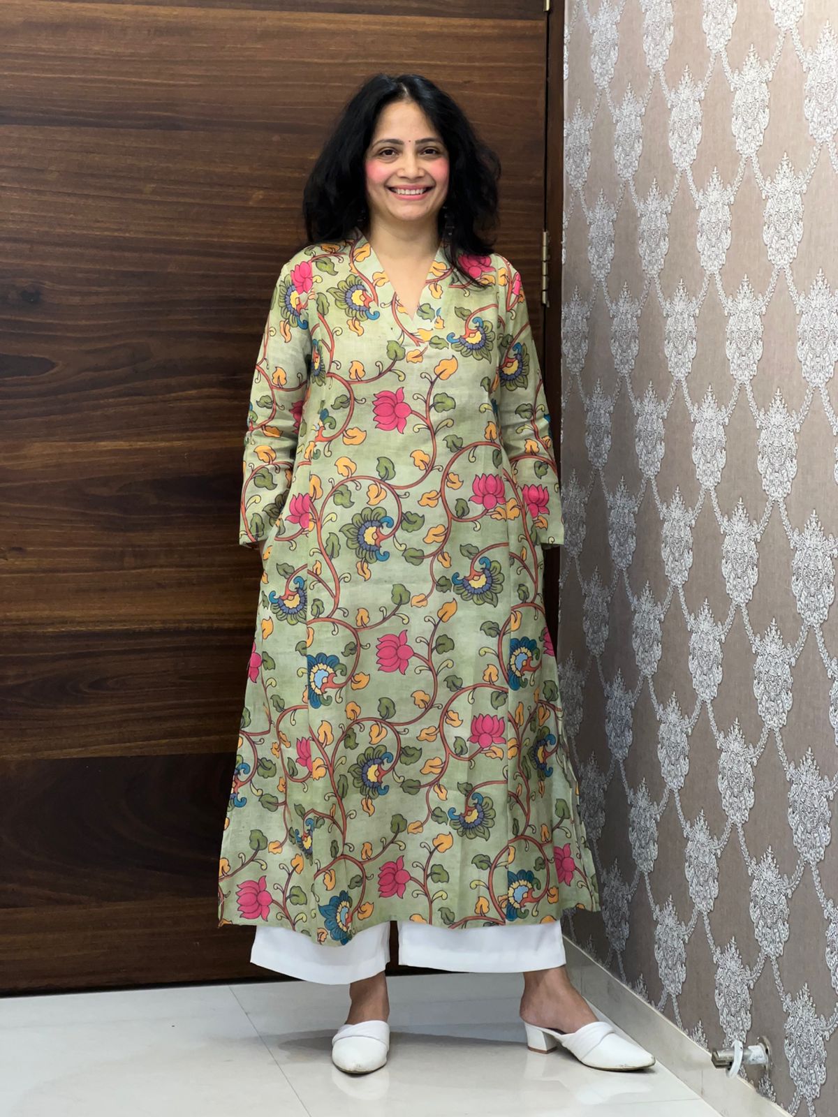 Soft Sage Green Color Linen A-Line Kurti
