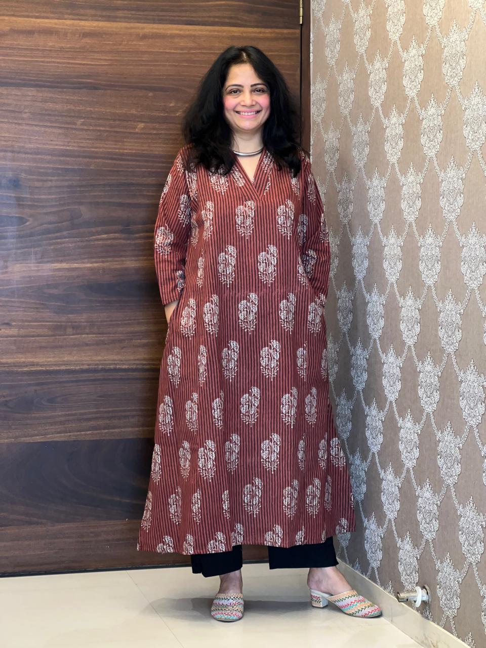Wine Color Dabu Hand Block Printed Pure Cotton A Line Kurti