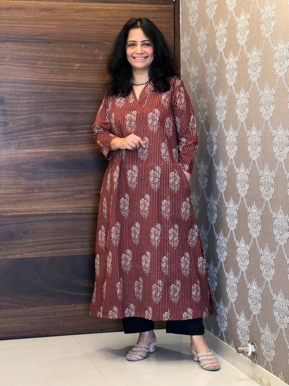 Wine Color Dabu Hand Block Printed Pure Cotton A Line Kurti