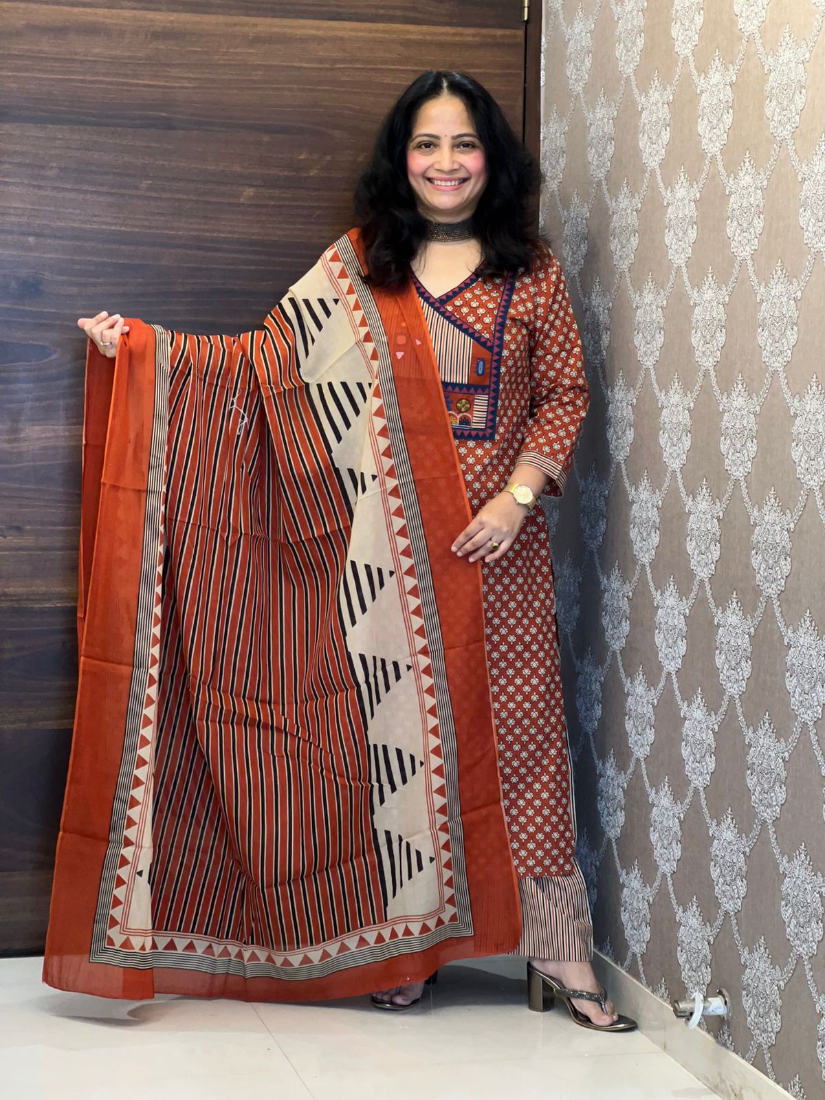 Rust Orange Pure Cotton Dupatta Set