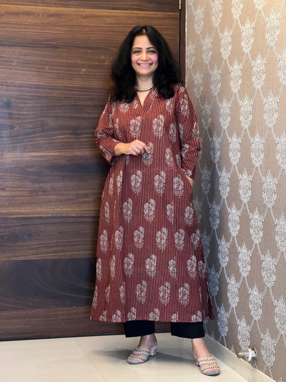 Wine Color Dabu Hand Block Printed Pure Cotton A Line Kurti