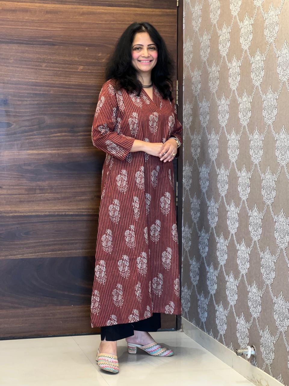 Wine Color Dabu Hand Block Printed Pure Cotton A Line Kurti