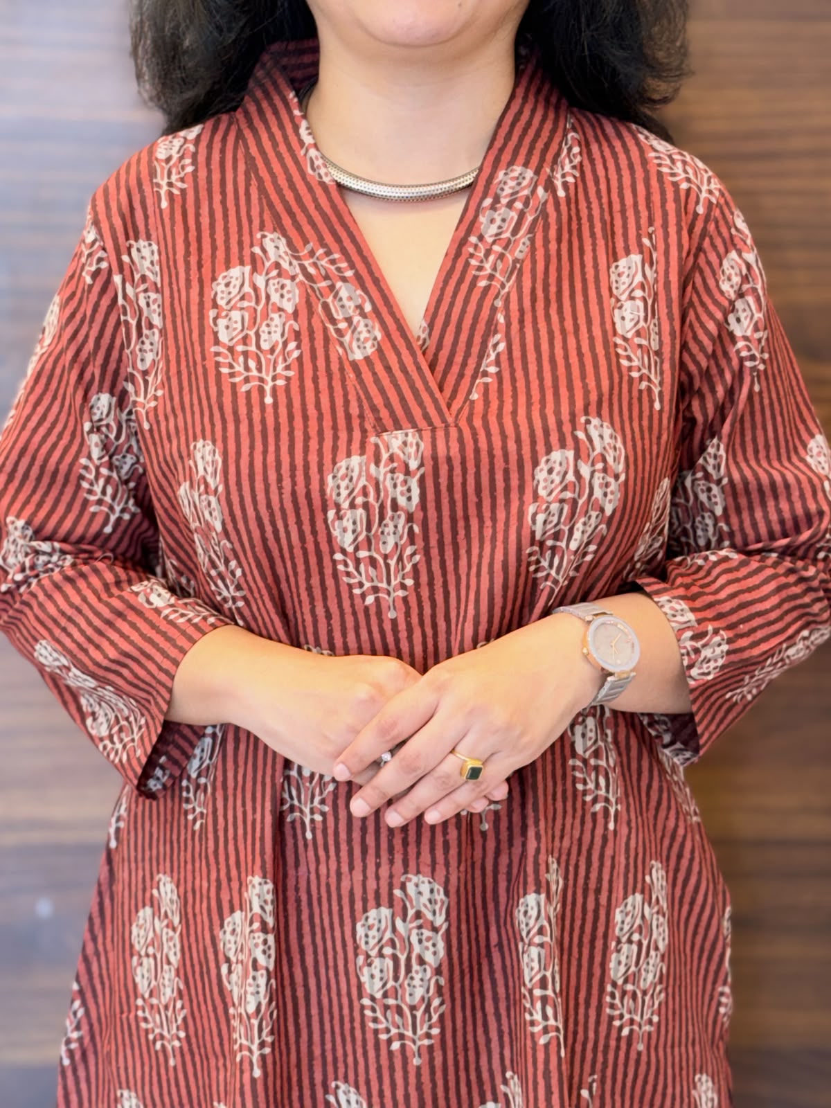 Wine Color Dabu Hand Block Printed Pure Cotton A Line Kurti