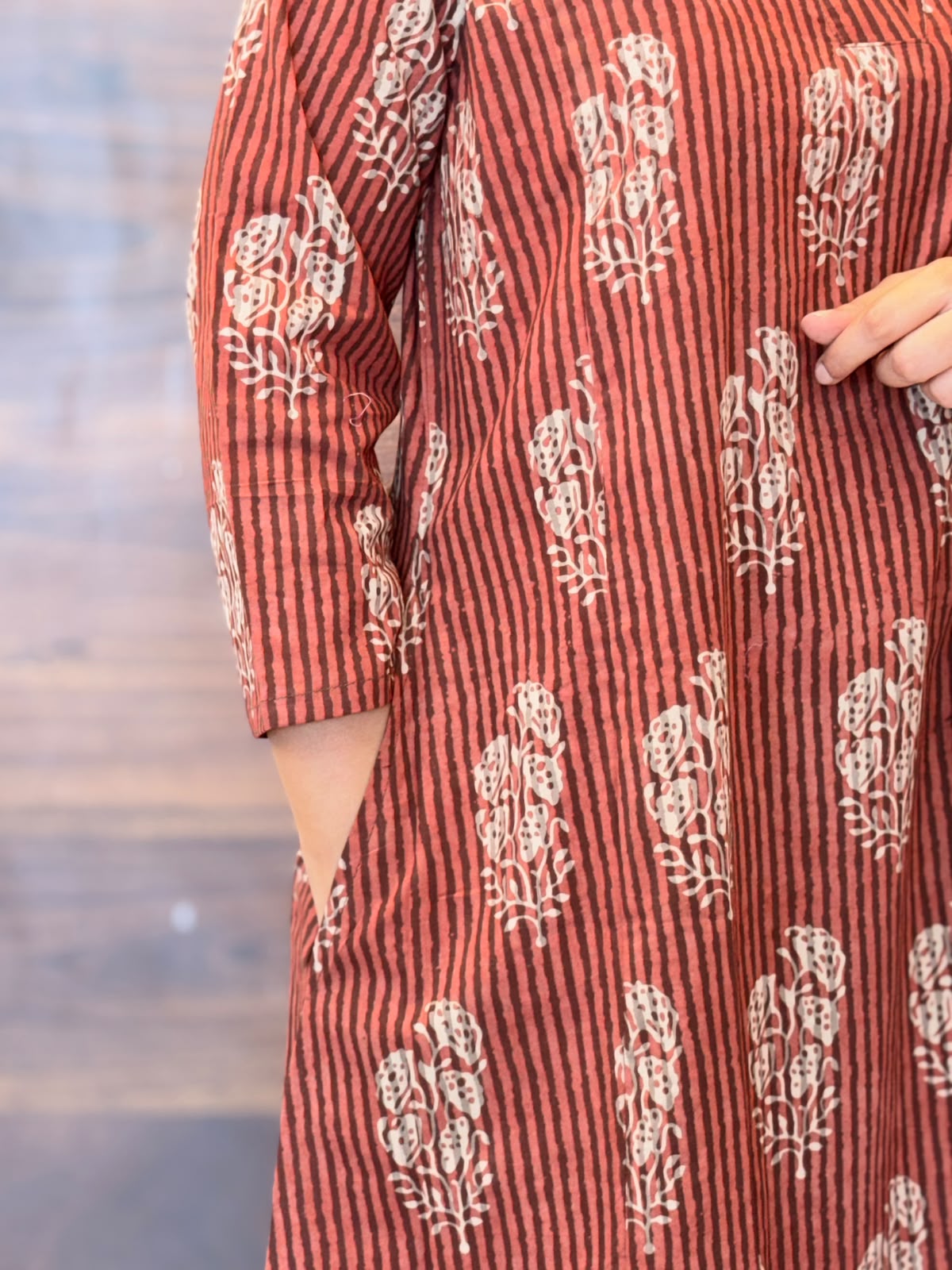 Wine Color Dabu Hand Block Printed Pure Cotton A Line Kurti
