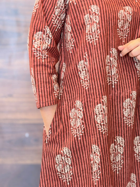 Wine Color Dabu Hand Block Printed Pure Cotton A Line Kurti