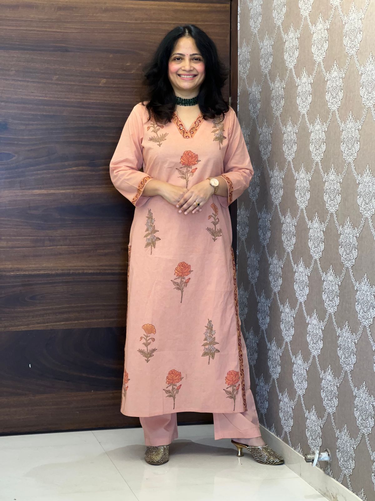 Peach Color Block-Printed Pure Cotton Dupatta Set