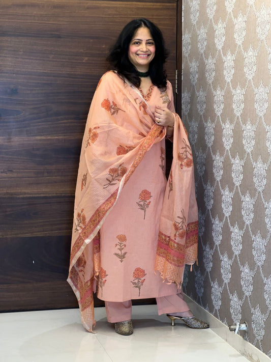 Peach Color Block-Printed Pure Cotton Dupatta Set