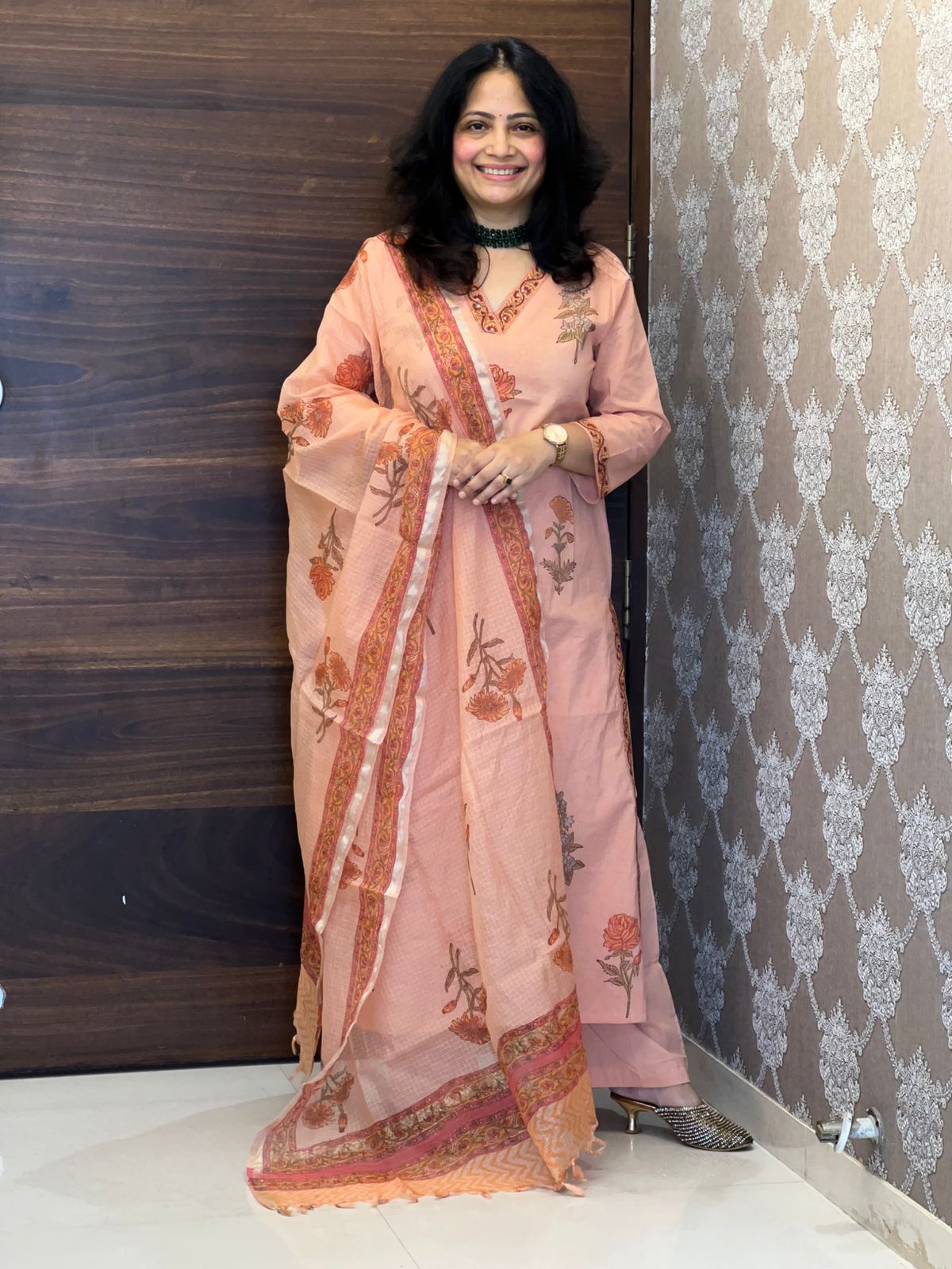 Peach Color Block-Printed Pure Cotton Dupatta Set