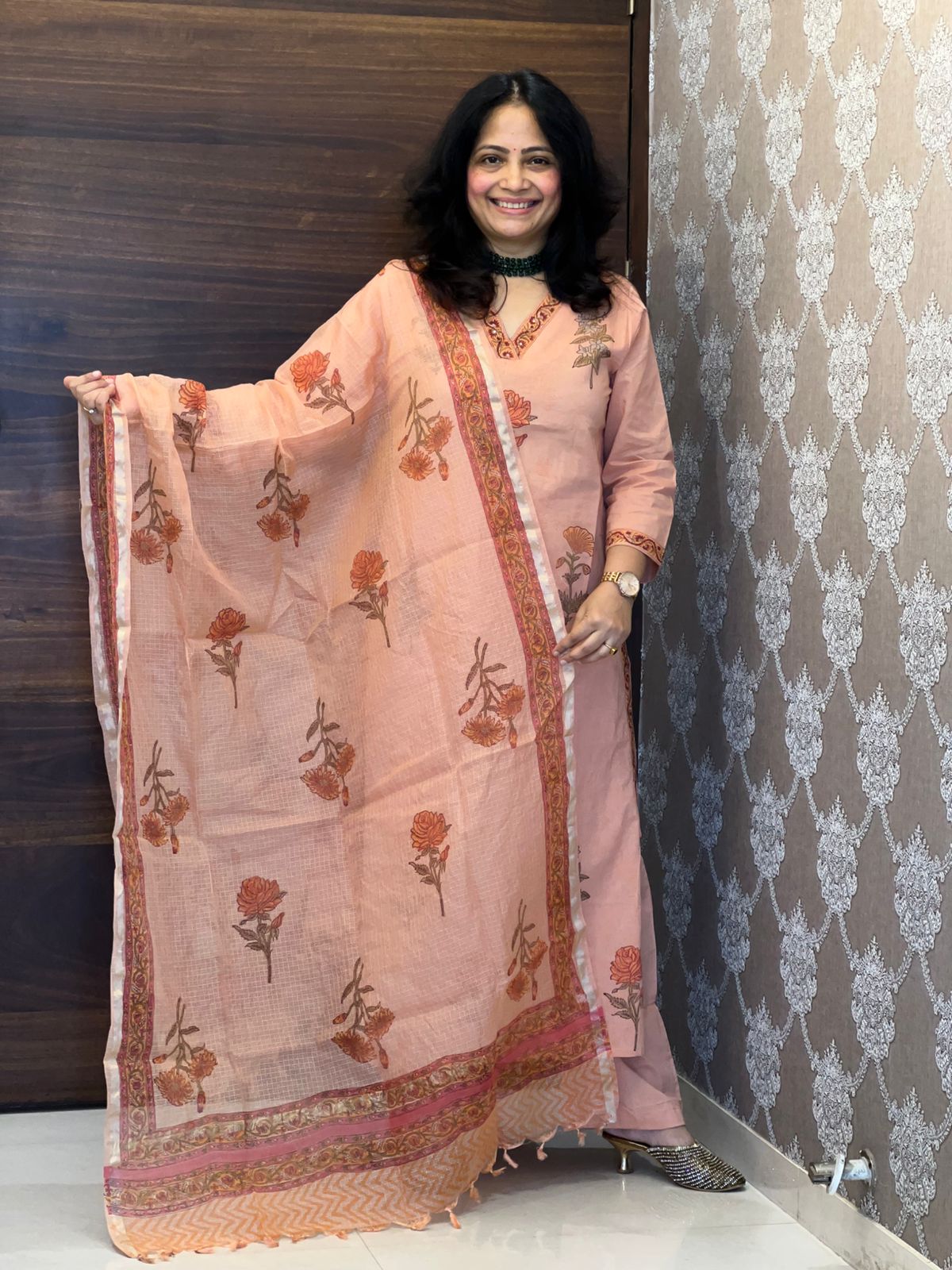 Peach Color Block-Printed Pure Cotton Dupatta Set
