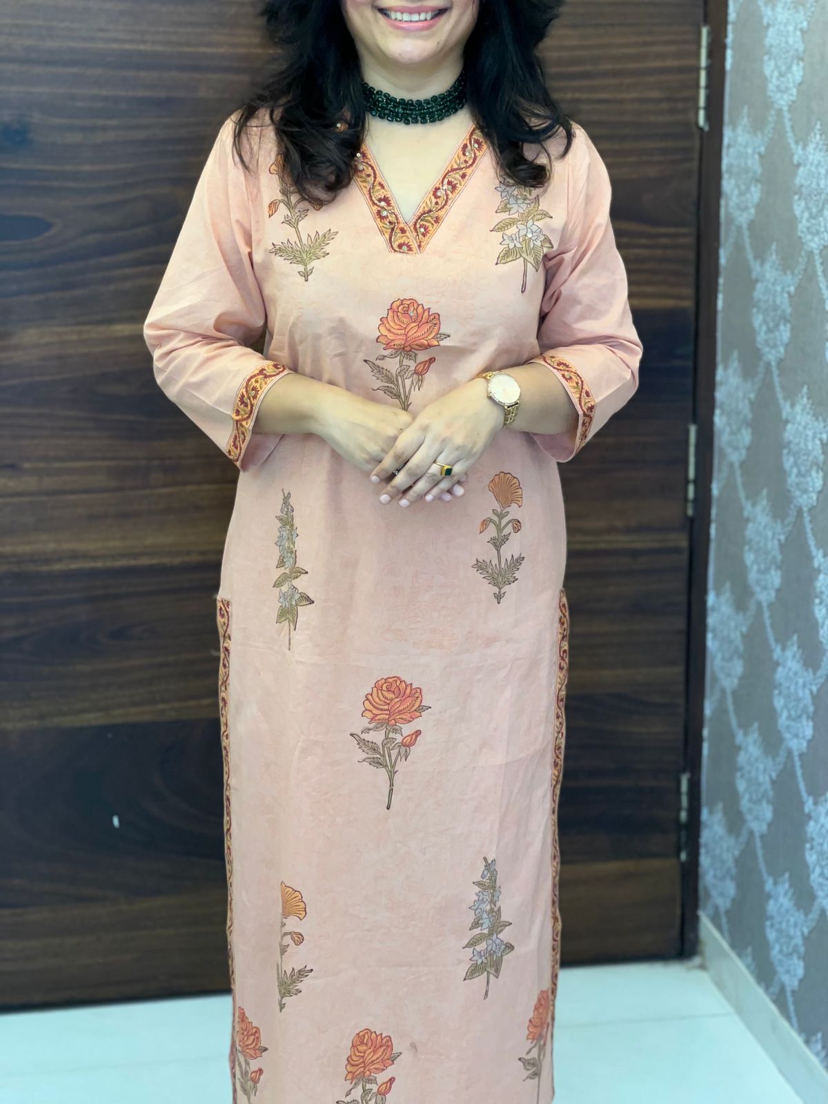 Peach Color Block-Printed Pure Cotton Dupatta Set