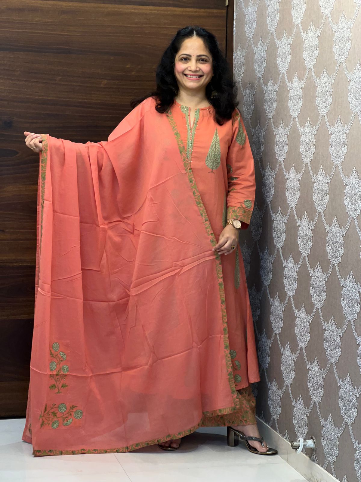Peach Colour Pure Cotton Block Print Dupatta Set