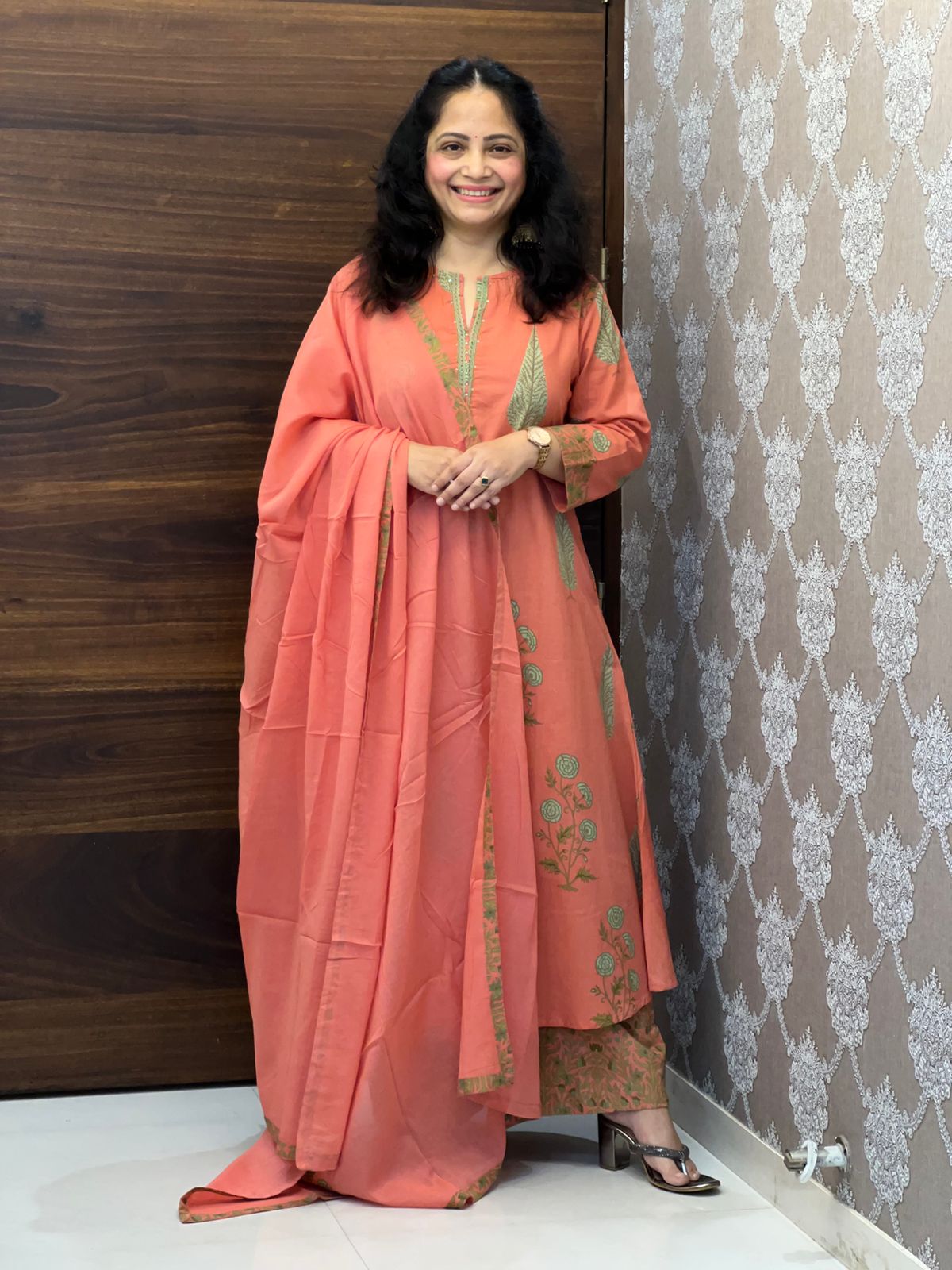 Peach Colour Pure Cotton Block Print Dupatta Set