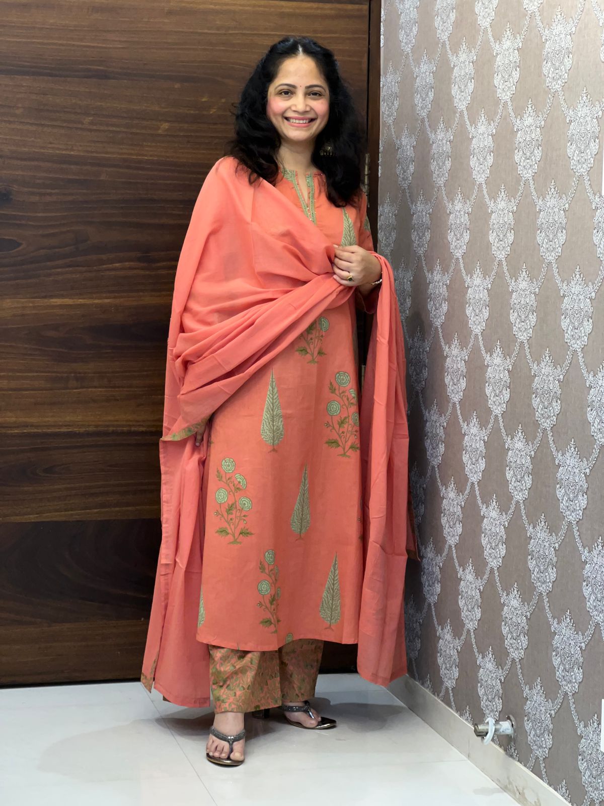 Peach Colour Pure Cotton Block Print Dupatta Set