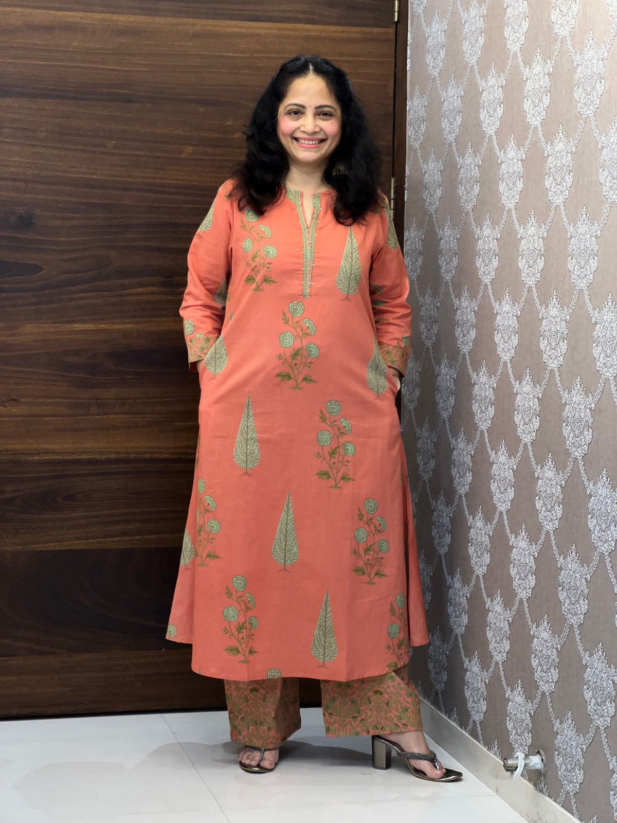 Peach Colour Pure Cotton Block Print Dupatta Set