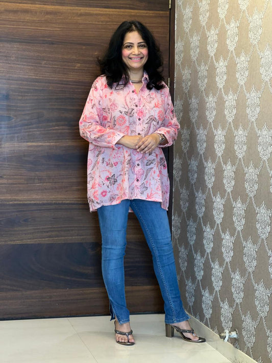Digital Print Light Pink Color Cotton Blend Shirt Top