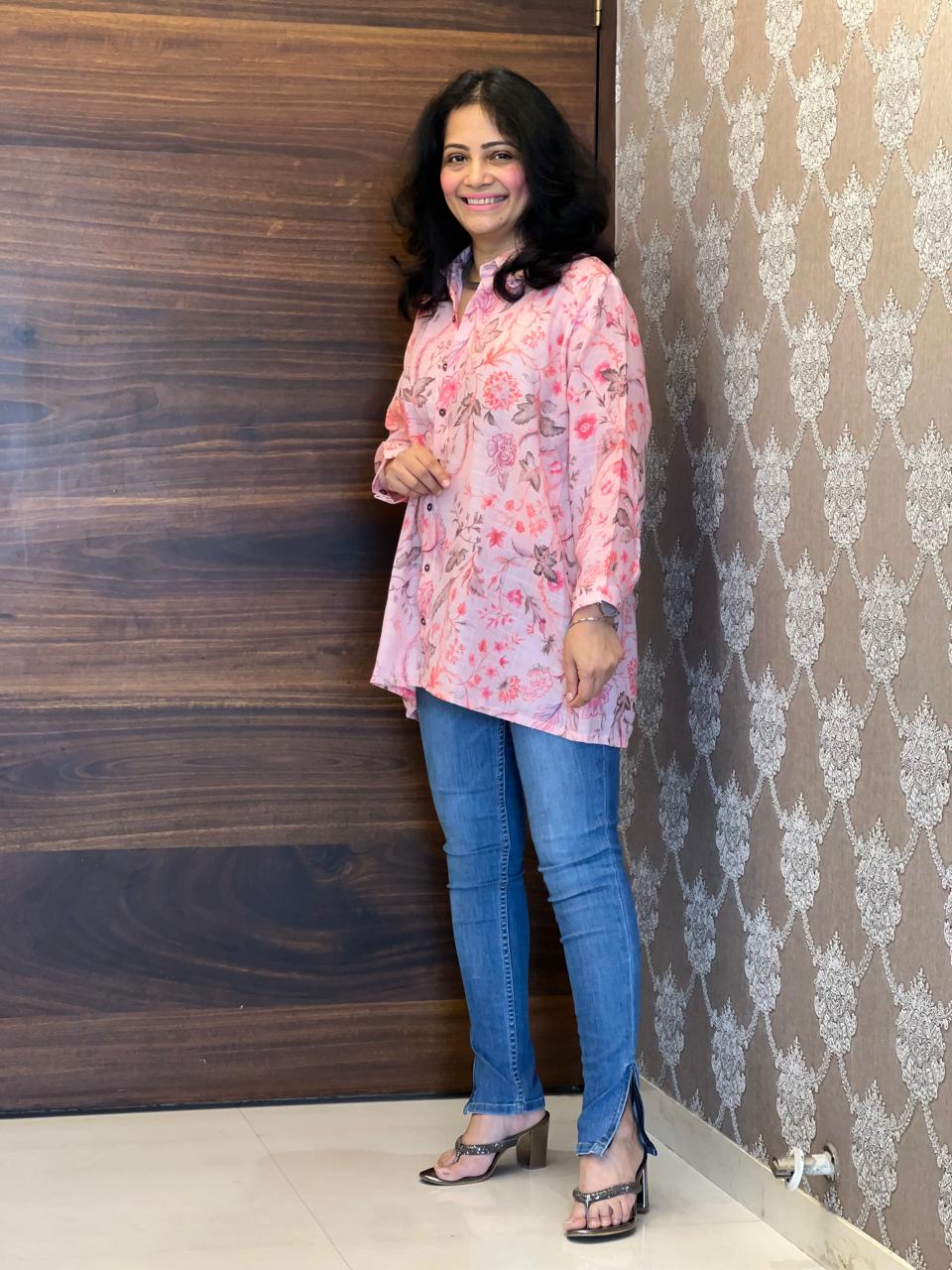 Digital Print Light Pink Color Cotton Blend Shirt Top