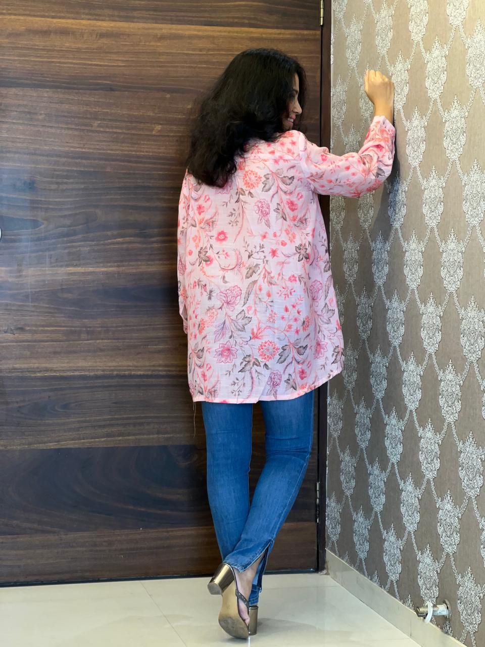 Digital Print Light Pink Color Cotton Blend Shirt Top