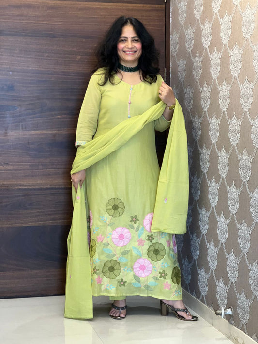 Pista Green Colour  Mulmul Cotton Dupatta Set